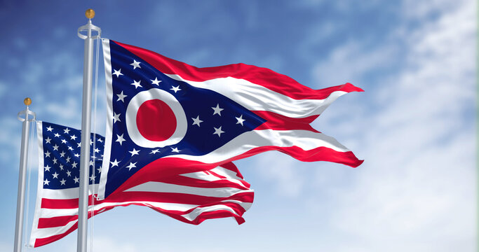 Picture of Ohio state flag in front of American flag
