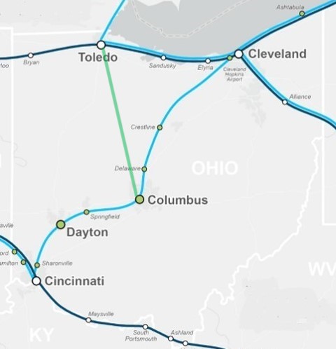 Drawing of Ohio map with proposed passenger rail lines