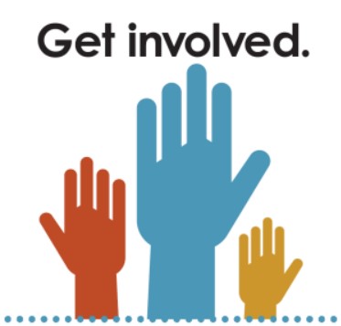 Image with hands raised and says Get involved.